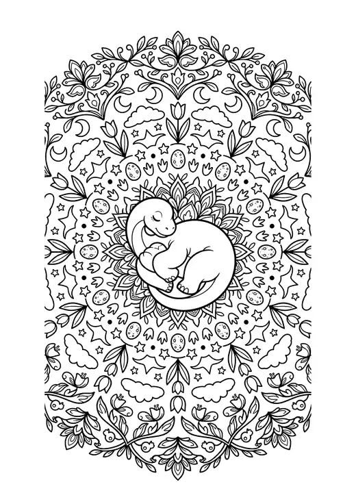 Mandala with a sleeping baby brachiosaurus curled in the center surrounded by eggs, stars, moons and tulips – cute dinosaur coloring sheets
