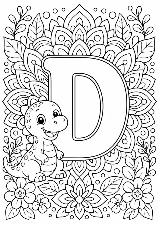 D for dinosaur coloring page: letter D dino mandala