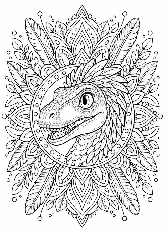 Dinosaur coloring pages velociraptor: raptor feather mandala