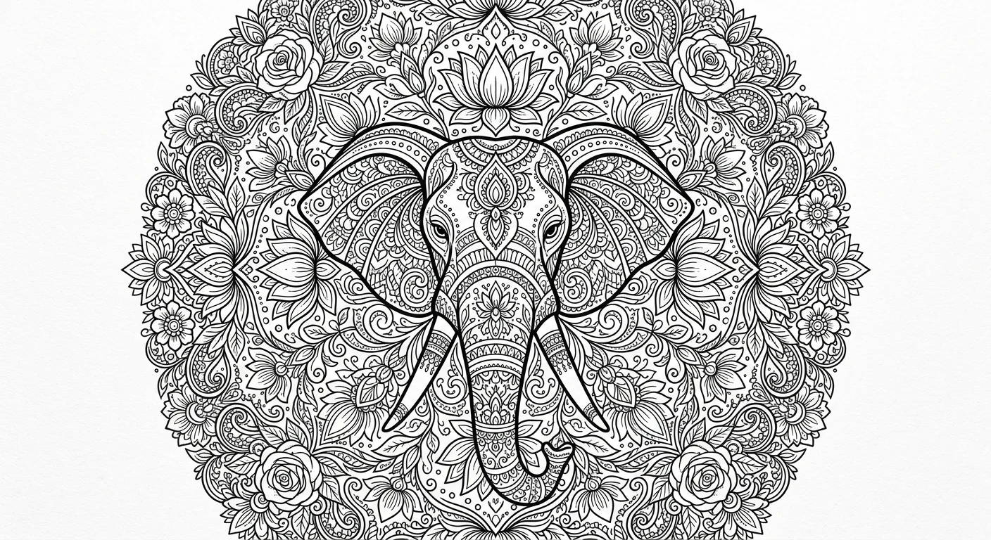 Ornamental Elephant Floral Mandala - free elephant coloring page printable black and white line art