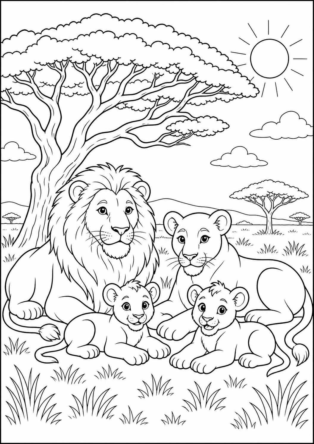 Lion Family under the Acacia Tree — free lion coloring page, printable black and white line art
