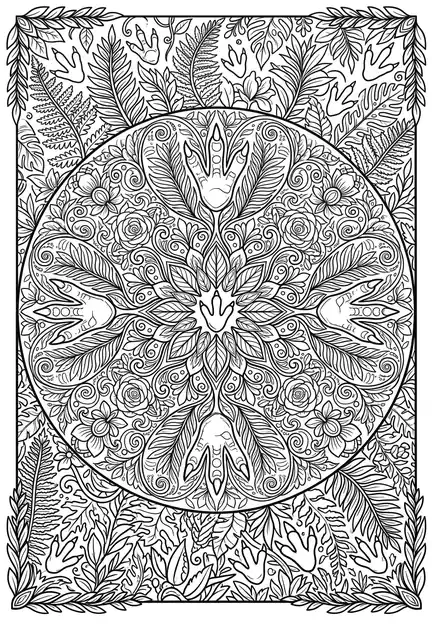 Floral Christmas mandala raptor dinosaur coloring page