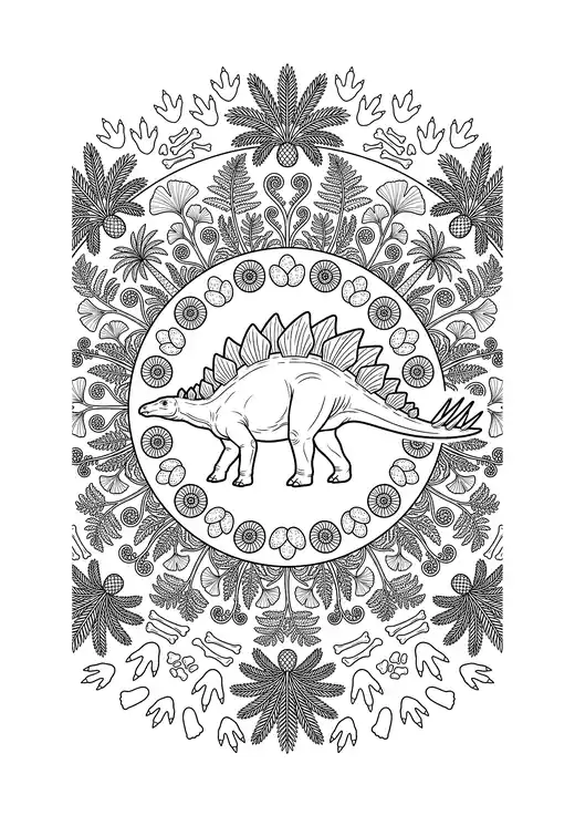 Mandala with a realistic Stegosaurus in the center surrounded by ferns, ginkgo leaves, ammonites and footprints – realistic dinosaur coloring pages