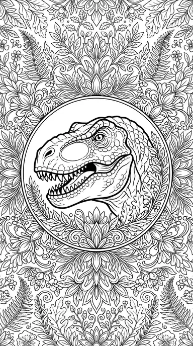 t rex dinosaur to color page 04 - Floral Mandala Head