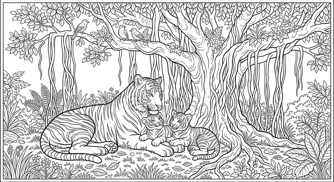 Tiger Family under Banyan Tree - tiger coloring family page