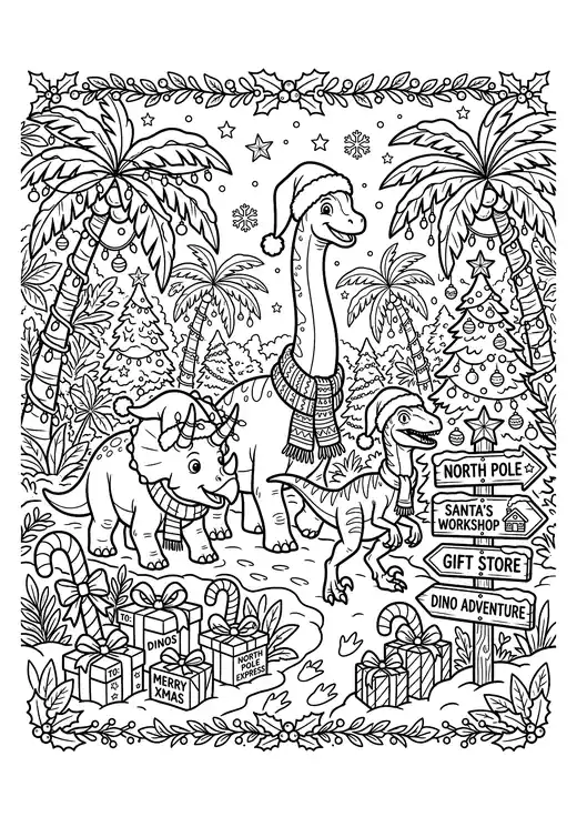 Christmas dinosaurs on a jungle adventure with candy canes, gifts and a North Pole signpost – christmas dinosaur coloring pages