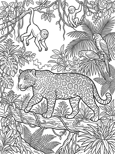 Jungle Rainforest - free coloring cat page printable black and white line art