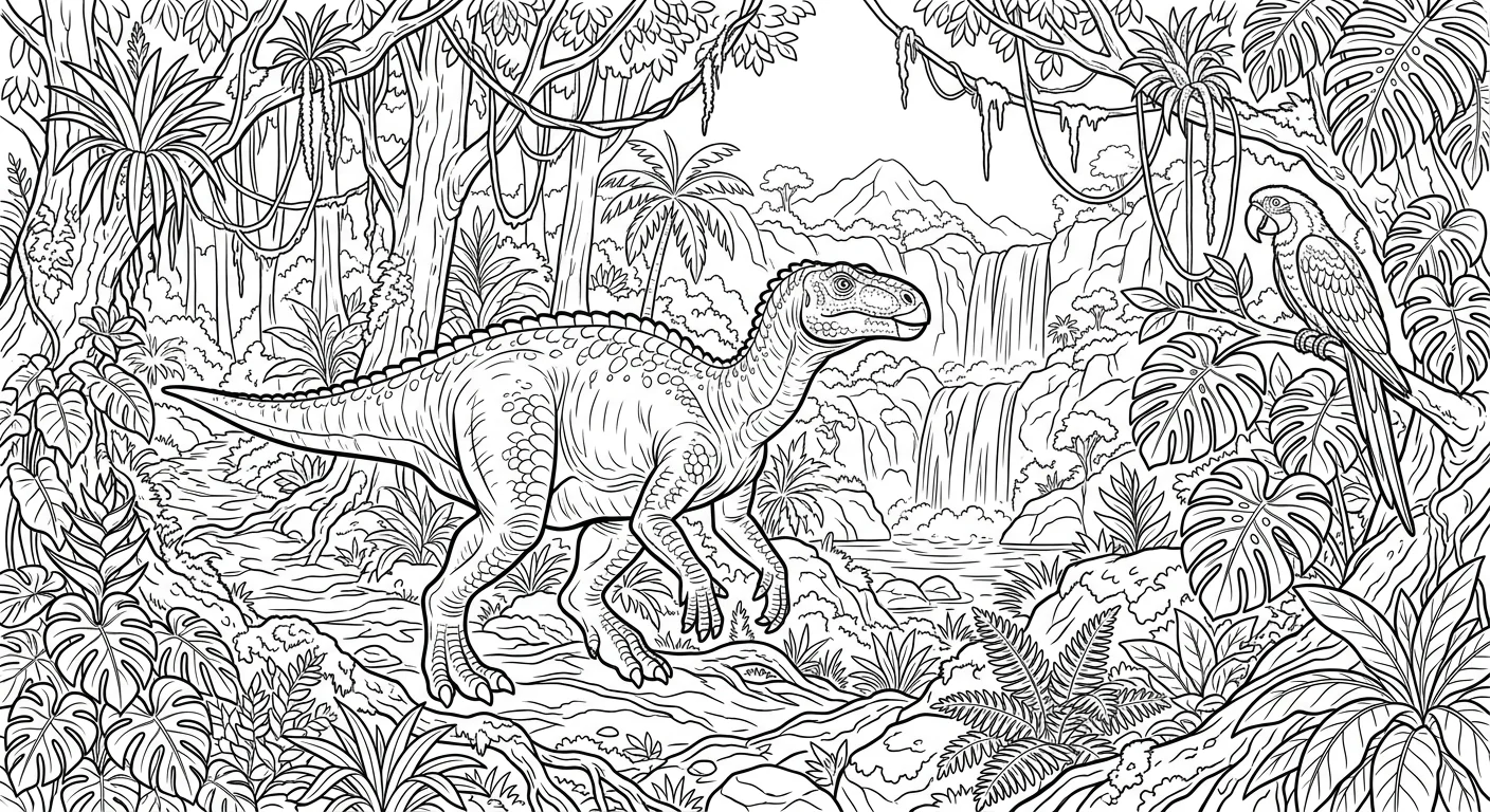 Coloring Dinosaur in Jungle Rainforest - free coloring dinosaur page printable black and white line art