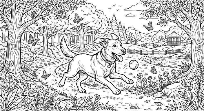 Coloring Dog in Park Adventure - free coloring dog page printable black and white line art