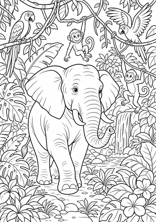 Coloring elephant jungle adventure printable page