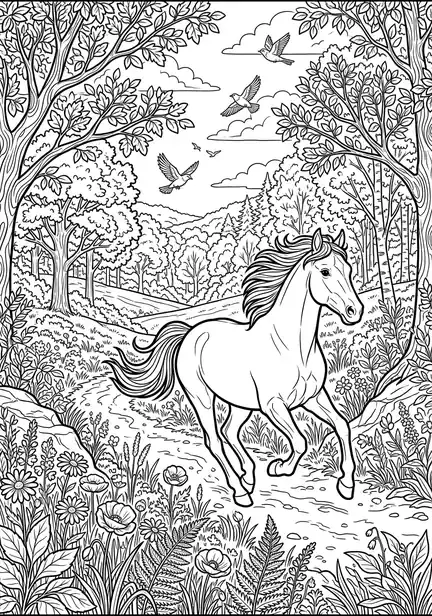 Park Adventure - free coloring horse page printable black and white line art