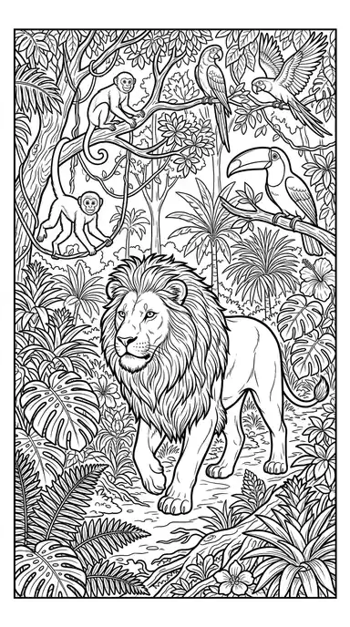 Jungle Rainforest - free coloring lion page