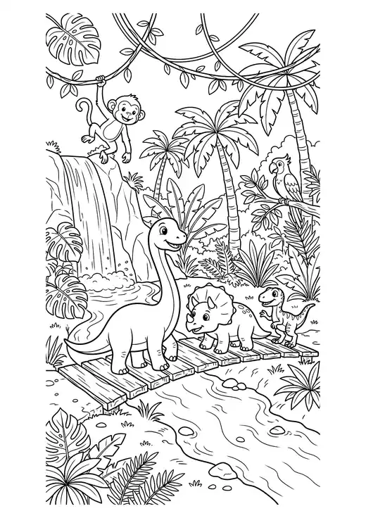 Three cute dinosaurs crossing a wooden bridge in the jungle with a waterfall, parrot and monkey – coloring pages of cute dinosaurs