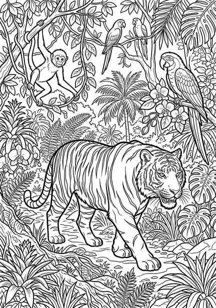 Jungle Rainforest - free coloring tiger page