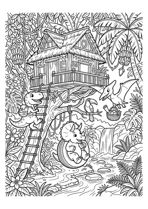 Cute dinosaurs at a jungle treehouse with a rope ladder, tire swing, toucan and waterfall – cute dinosaur coloring sheets