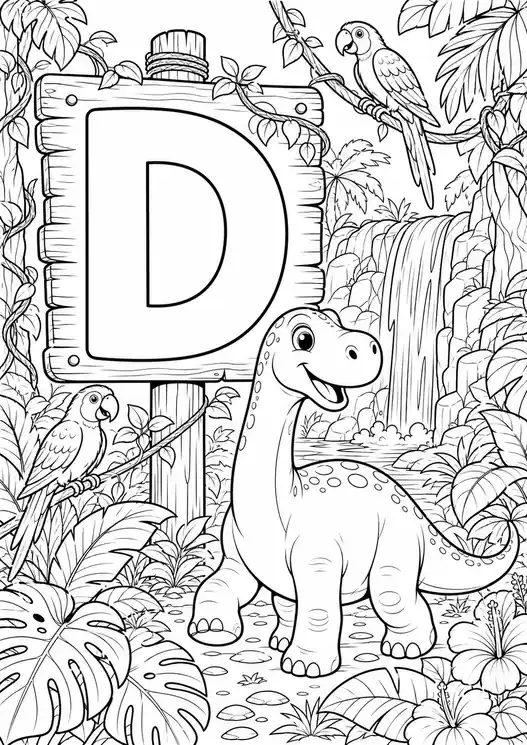D for dinosaur coloring page: jungle adventure with letter D