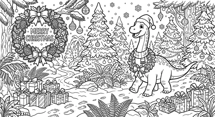 Jungle adventure dinosaur christmas coloring page