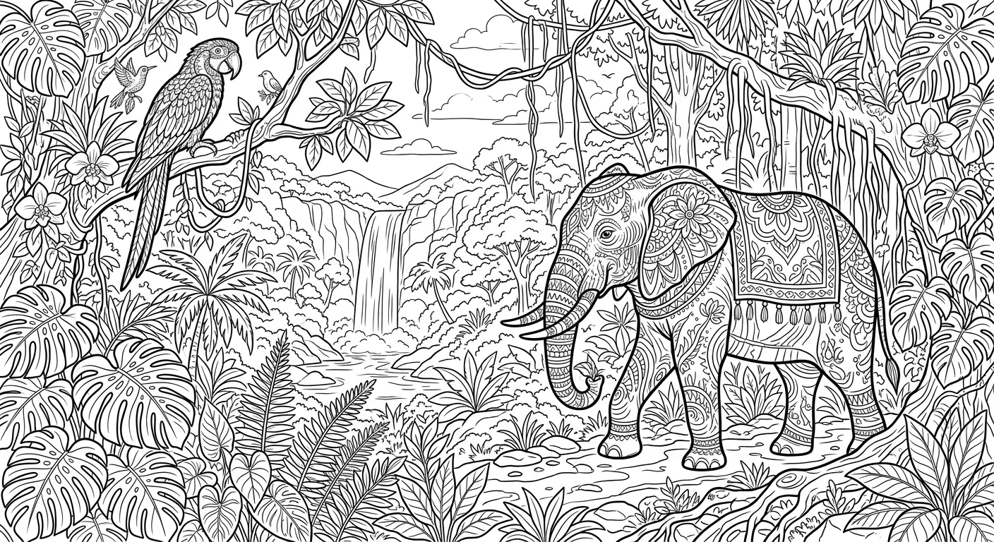 Elephant in Jungle Rainforest - free elephant coloring page printable black and white line art