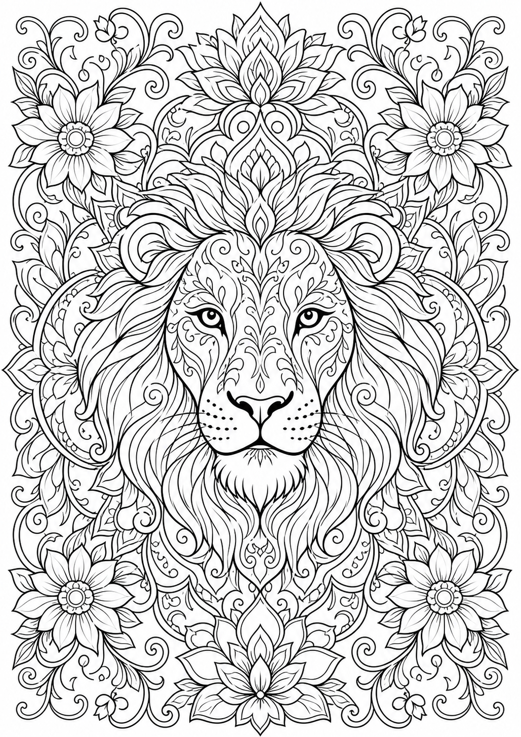 Ornamental Lion Floral Mandala — free lion coloring page, printable black and white line art