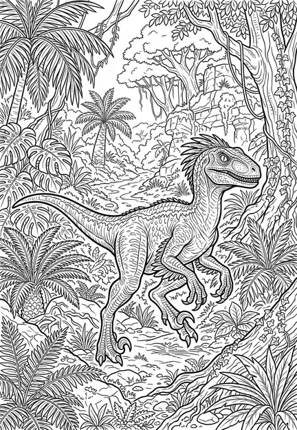 Jungle adventure raptor dinosaur coloring page