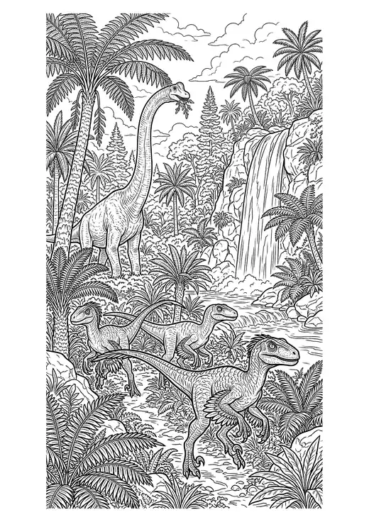 Realistic Velociraptor pack with feathered arms stalking through a Jurassic jungle beside a waterfall and a Brachiosaurus – realistic dinosaur coloring pages