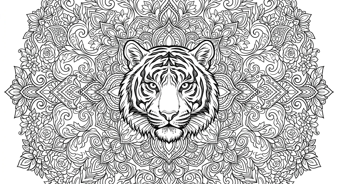 Ornamental Tiger Floral Mandala - adult tiger coloring page