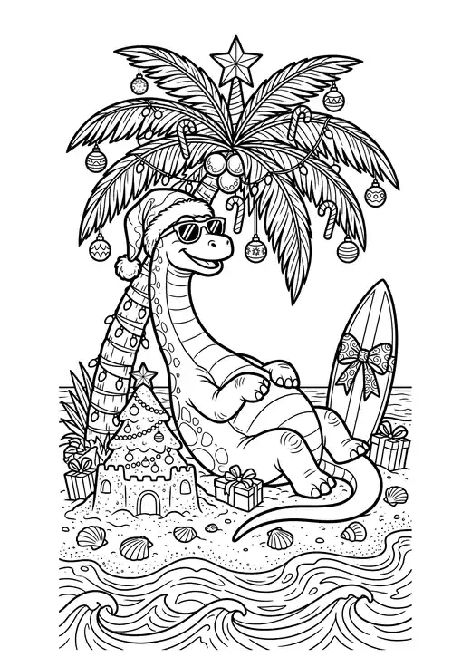 Christmas dinosaur relaxing on a tropical beach under a decorated palm tree with a surfboard and gifts – christmas dinosaur coloring pages