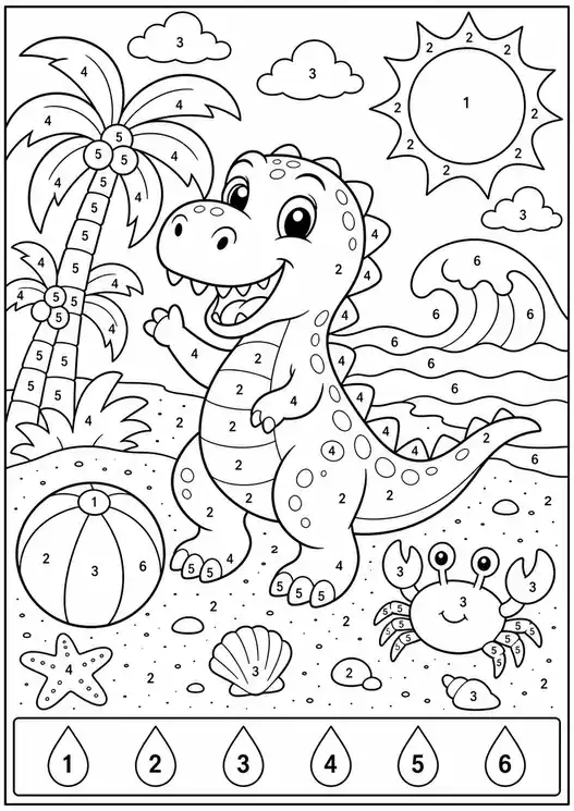 Color by number dinosaurs: beach number day