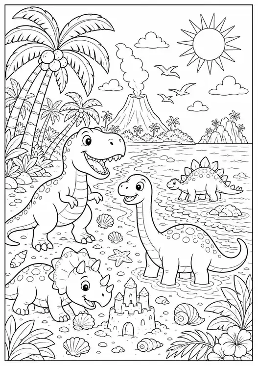 Dinosaurs at a Tropical Beach printable coloring page
