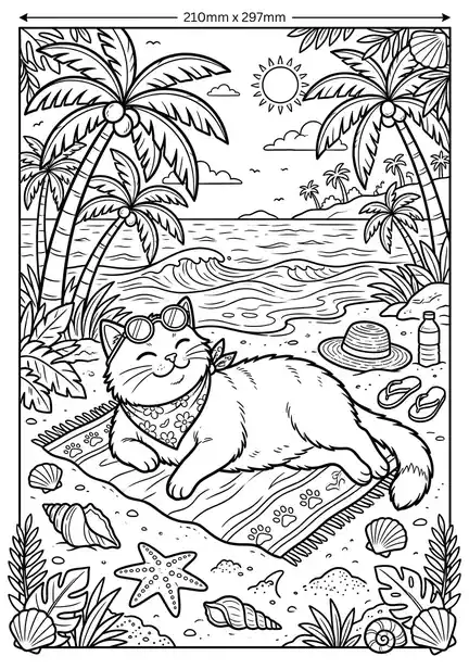 Tropical Beach - free coloring cat page printable black and white line art