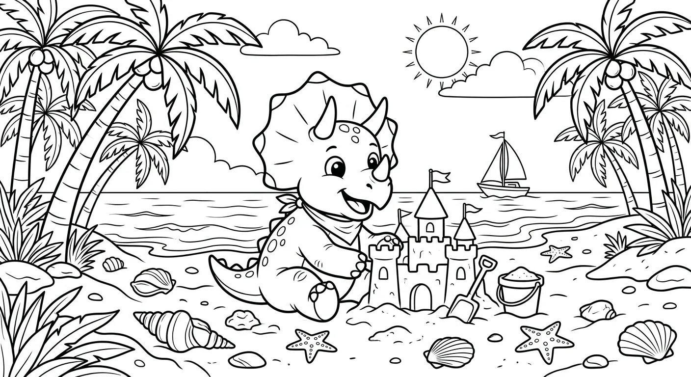 Coloring Dinosaur Calf on Tropical Beach - free coloring dinosaur page printable black and white line art