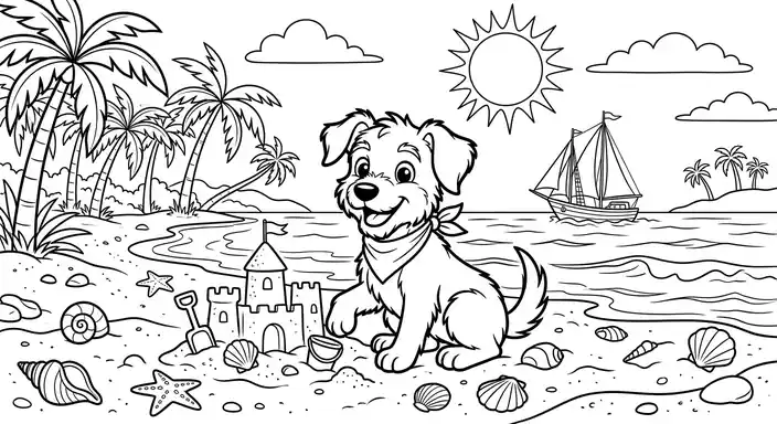 Coloring Dog Puppy on Tropical Beach - free coloring dog page printable black and white line art
