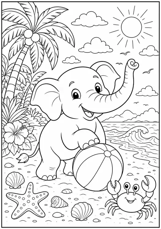Coloring elephant tropical beach day printable page