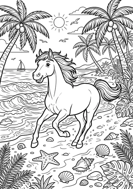 Tropical Beach - free coloring horse page printable black and white line art