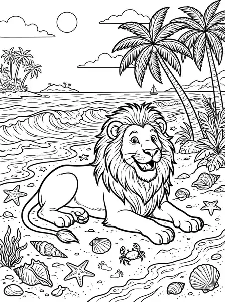 Tropical Beach - free coloring lion page