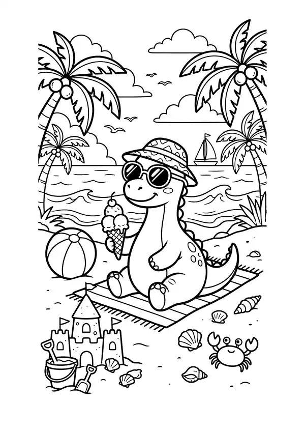 Cute dinosaur in sunglasses eating ice cream on a tropical beach with a sandcastle, crab and sailboat – coloring pages of cute dinosaurs