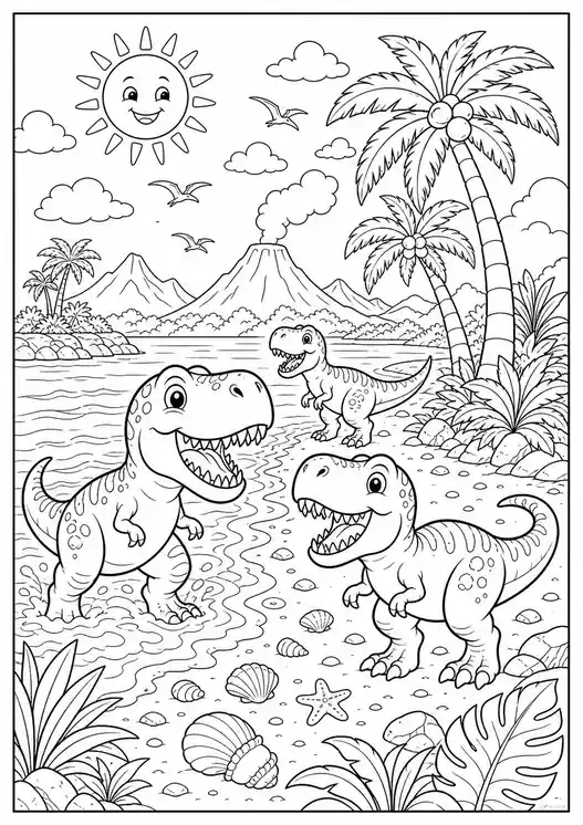 T-Rex Dinosaur at a Tropical Beach printable coloring page