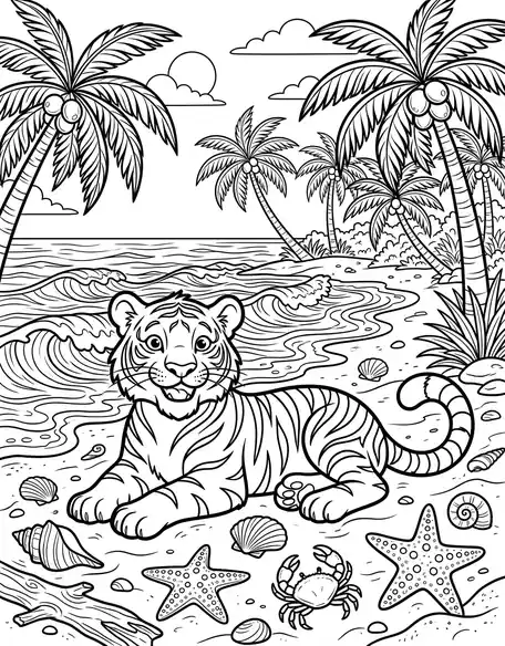 Tropical Beach - free coloring tiger page