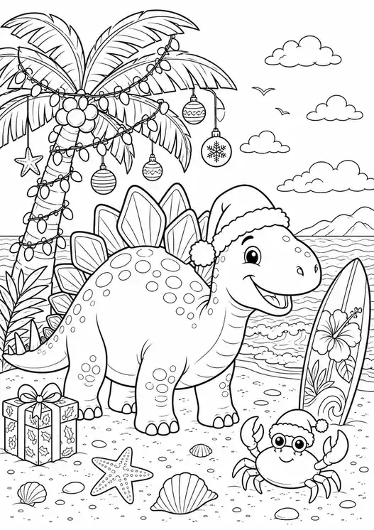Cute christmas dinosaur coloring pages: tropical christmas beach dino