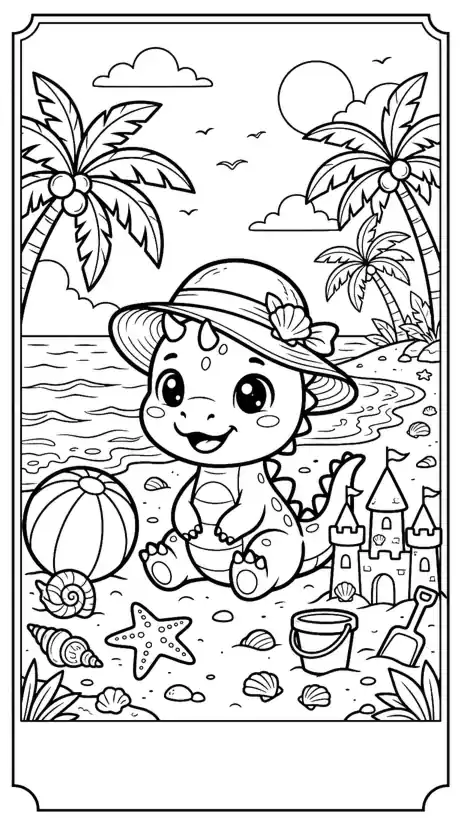 cute dinosaur coloring pages printable page 06 - Sunhat Spinosaurus at the Beach