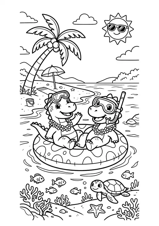 Two cute dinosaurs in goggles floating on an inflatable ring with a sea turtle, fish and palm tree – cute dinosaur coloring sheets