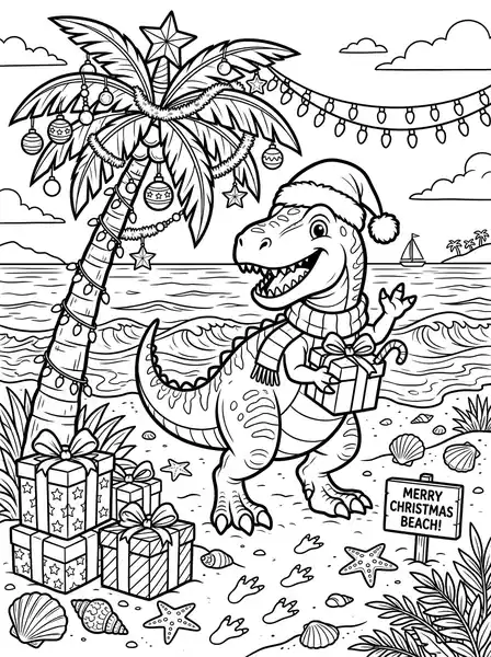 Tropical beach celebration dinosaur christmas coloring page