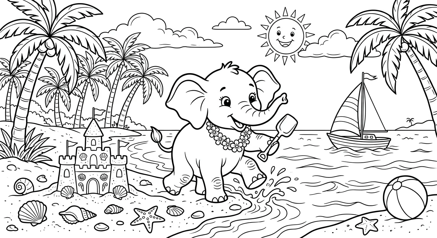 Elephant Calf on Tropical Beach - free elephant coloring page printable black and white line art