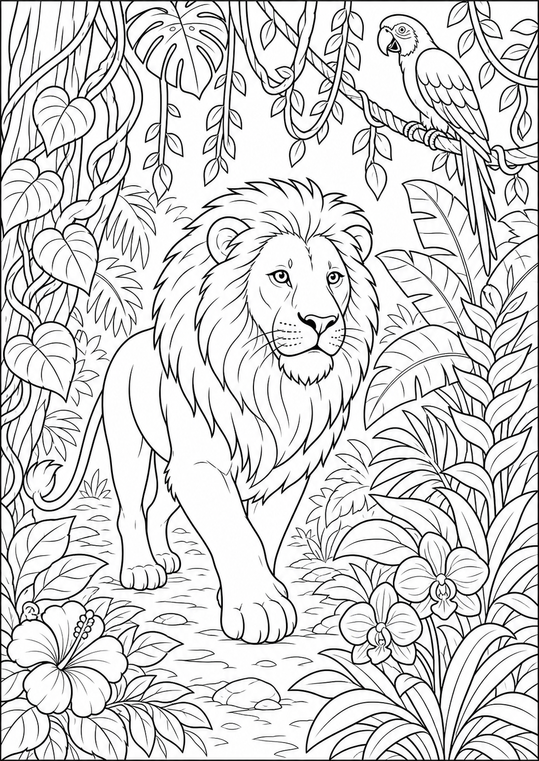Lion in the Jungle Rainforest — free lion coloring page, printable black and white line art