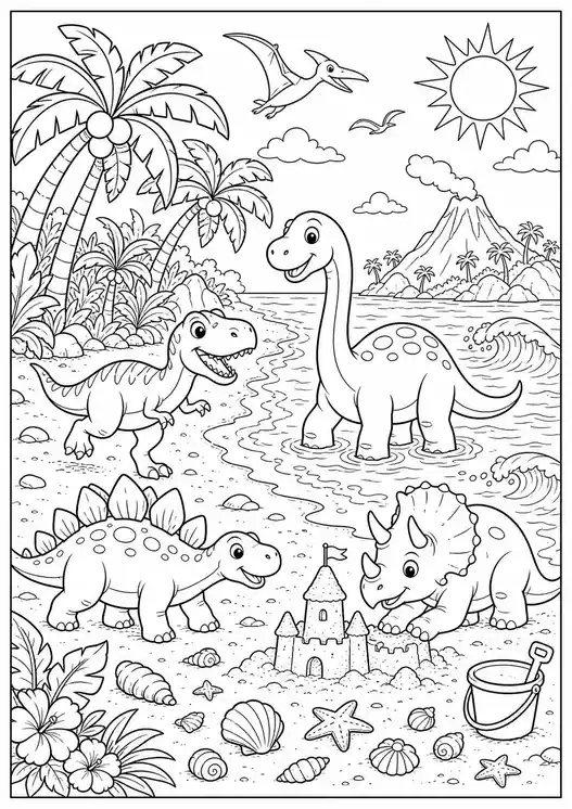 Printable Dinosaur at a Tropical Beach printable coloring page