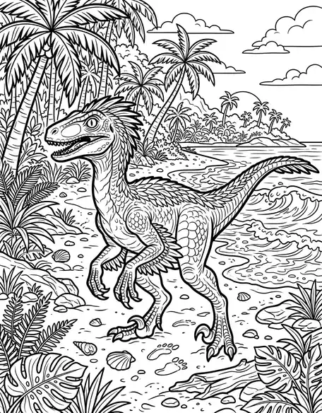 Tropical beach celebration raptor dinosaur coloring page