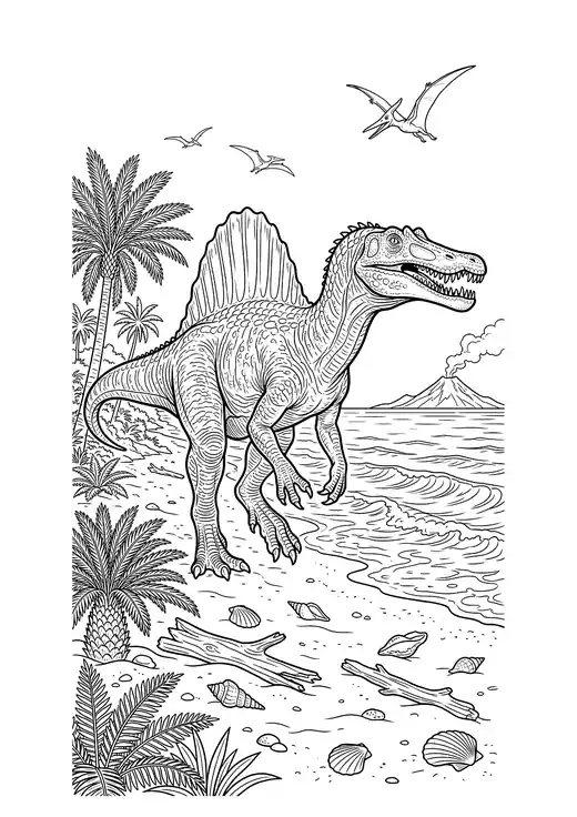 Realistic Spinosaurus with a tall sail walking along a prehistoric beach with a pterosaur and a volcano island – realistic dinosaur coloring pages
