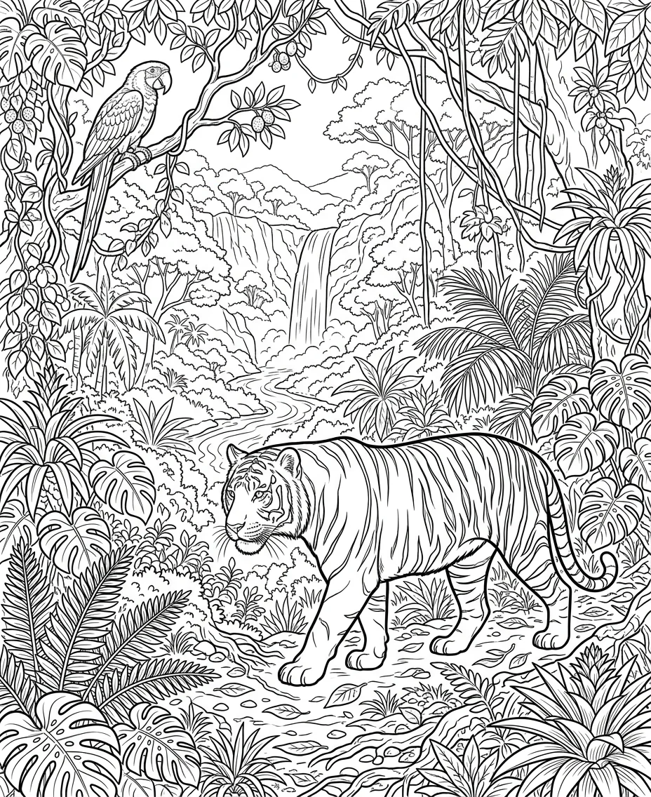 Tiger in Jungle Rainforest - tiger coloring jungle scene