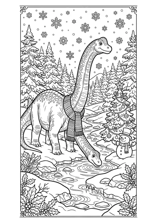 Long-necked Christmas dinosaur drinking from a frozen river beside pine trees and a snowman – christmas dinosaur coloring pages