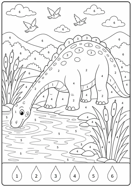 Color by number dinosaurs: drinking at the river